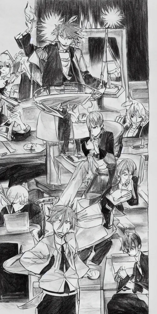 Prompt: powerful anime judge with a magic gavel on fire, in a court room with a scale on his desk, drawn by a famous anime artist, high quality, fine lines, amazing detail