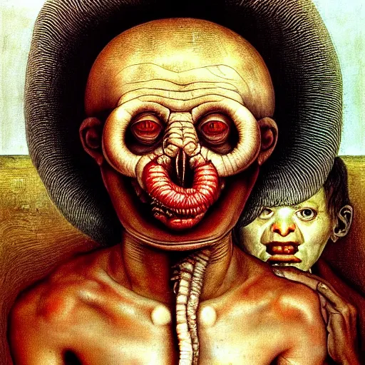 Image similar to a boy like eraserhead and elephant man sitting in a tub full of tomato sauce, looking straight into camera, screaming in desperation, by giuseppe arcimboldo and ambrosius benson, renaissance, fruit, intricate and intense oil paint, a touch of beksinski and hr giger, realistic