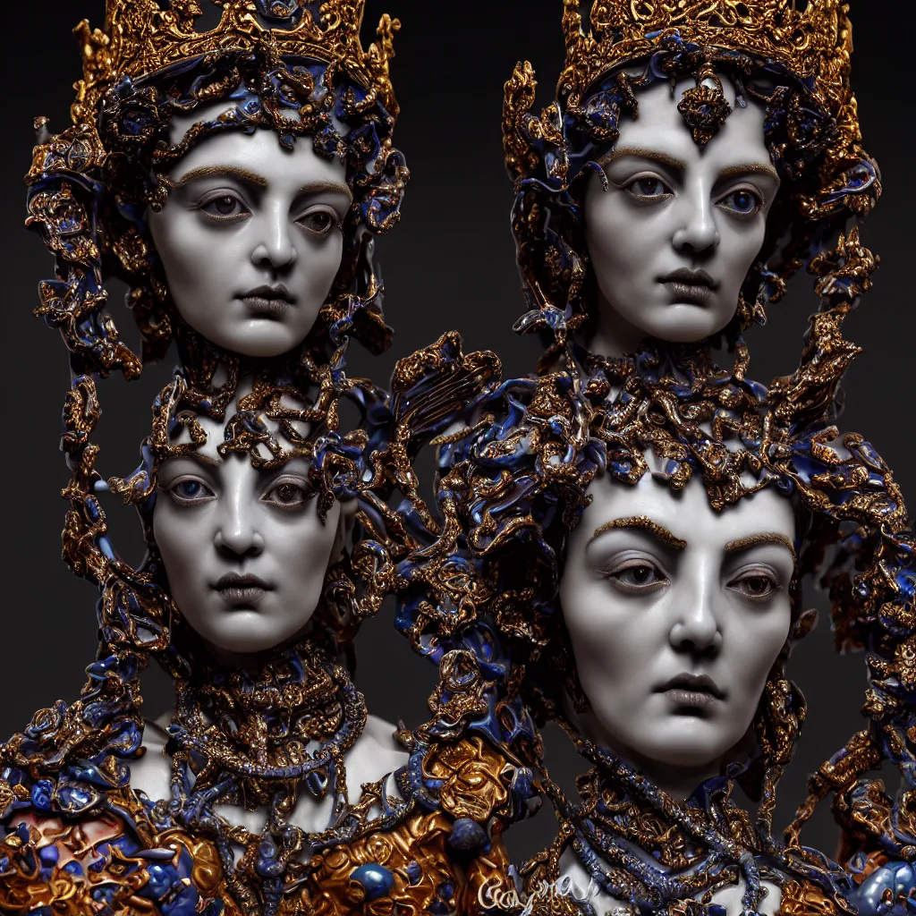 Image similar to a single close up photo - real delicate ceramic porcelain sculpture of an ornate majestic dark necromancer queen by rafael, detailed in front of an intricate background by mondrian, backlit lighting, subsurface scattering, translucent, thin porcelain, octane renderer, colorful, physically based rendering,