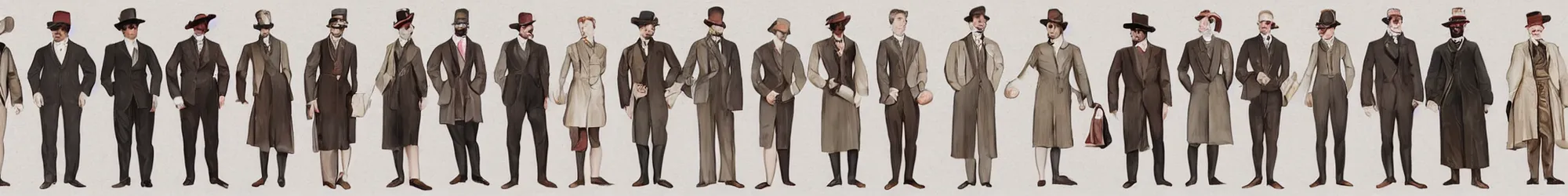 Prompt: long line-up of suspects, full body view, retrofuturistic victorian fashion, white background