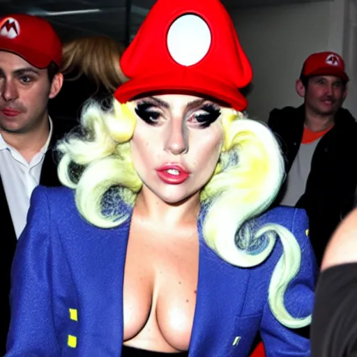 Image similar to lady gaga wearing a super mario hat