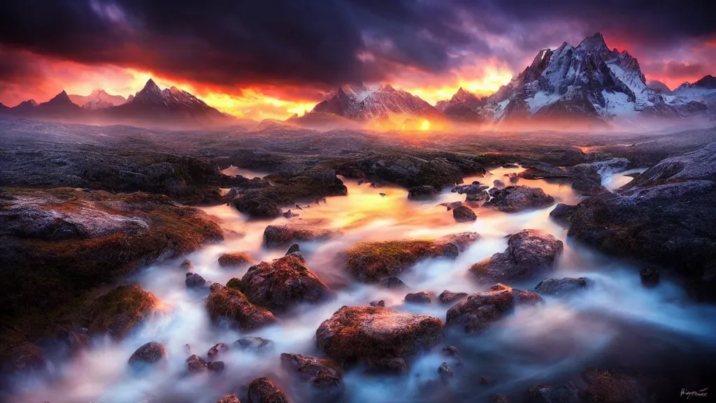 Image similar to amazing landscape photo by marc adamus, beautiful dramatic lighting