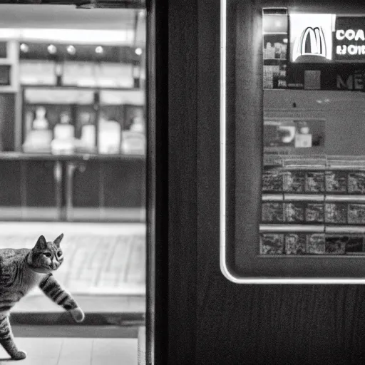 Prompt: Cat entering McDonald's and ordering a Hamburger, 40nm lens, shallow depth of field,