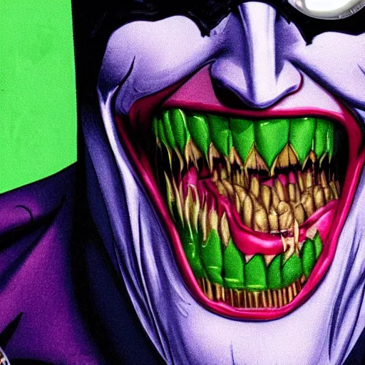 Image similar to batman inside the joker's mouth holding it open, high detail, high resolution, intense