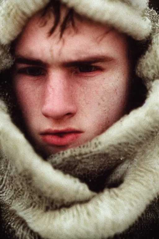 Image similar to super close up portrait of a frowning young irish adolscent 1 8 years old irish man in the cold cold sea at winter, by annie leibowitz, 1 9 9 8,