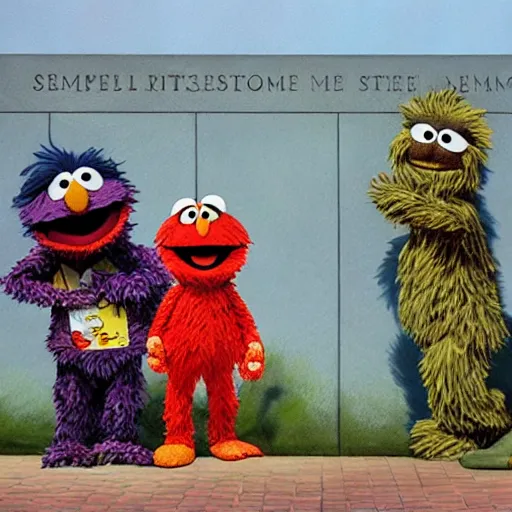 Prompt: Sesame Street characters at the Vietnam War Memorial, realistic, oil painting, by Russell Drysdale