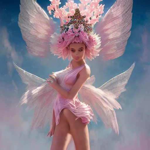 Image similar to expressive full body photo of sophia lauren as beautiful angel, smooth glowing skin, ornate headpiece made from pink flowers, glamour shot, by yoshitaka amano, by greg rutkowski, by jeremyg lipkinng, by artgerm, digital art, octane render, unreal engine, photorealistic, canon r 3, fashion photography