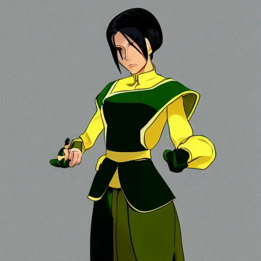 Prompt: toph beifong glow - up, art nouveau, green, yellow, gold, realistic eyes