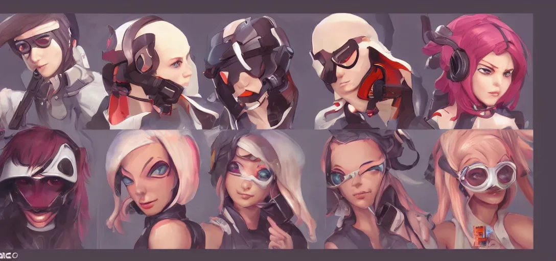 Image similar to concept art of female video game characters head designs, egirls, disgaea, flcl, overwatch, by marc brunet and artgerm