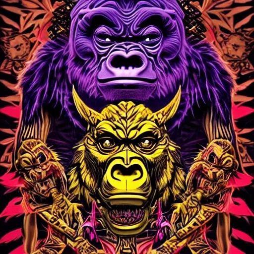 Image similar to barong family member, wiwek, mara demon, one single tribe member, jungle, one single mask, dark, ancient warrior, gorilla, lizard, tribal, inner glow, art by dan mumford and justin gerard and andy warhol