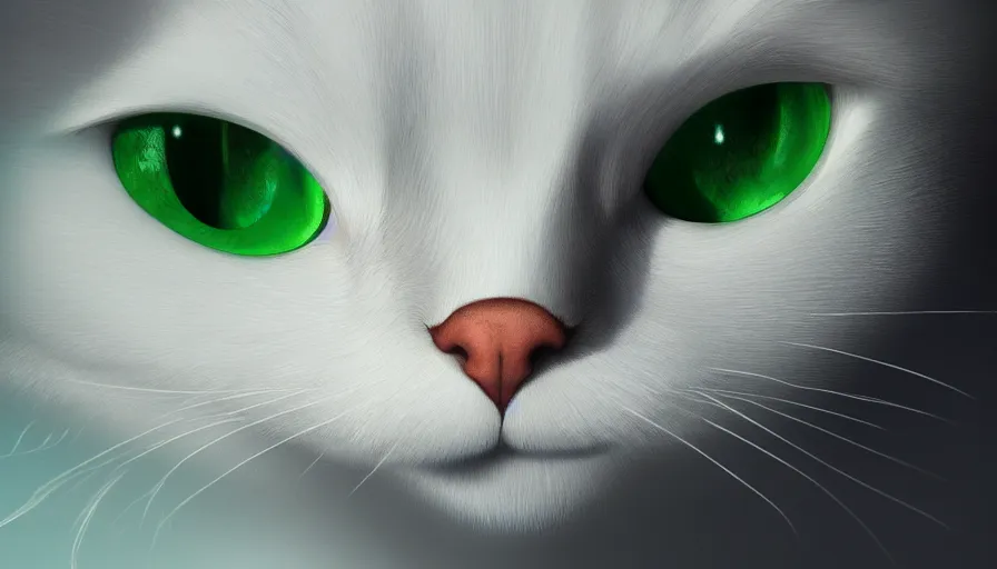 Prompt: white cat with green eyes, moon, snow, shiny, hyperdetailed, artstation, cgsociety, 8 k