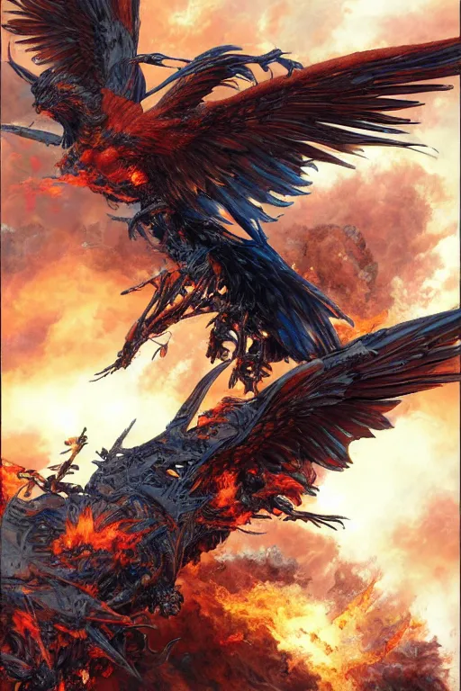 Prompt: a phoenix flies and burns everything in its path by Noriyoshi Ohrai, highly detailed, trending on artstation