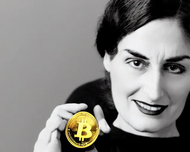 Image similar to ayn rand holding a golden bitcoin, commercial photo by david hamilton for vogue