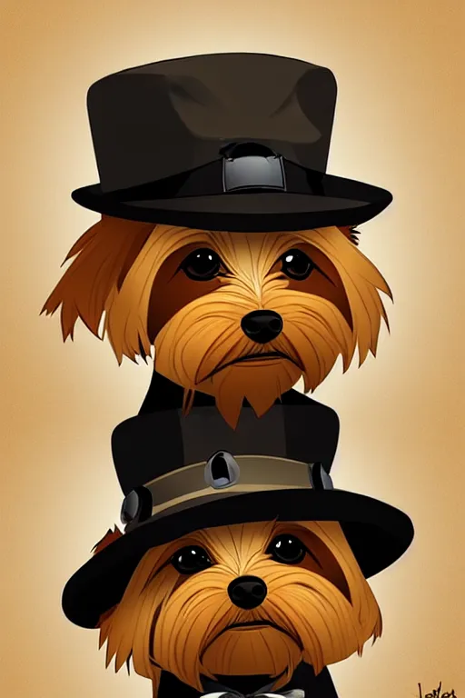 Image similar to the cutest yorkshire terrier detective wearing a fedora hat by Joe Madureira and Johannes Helgeson, trending on artstation, ominous, mysterious