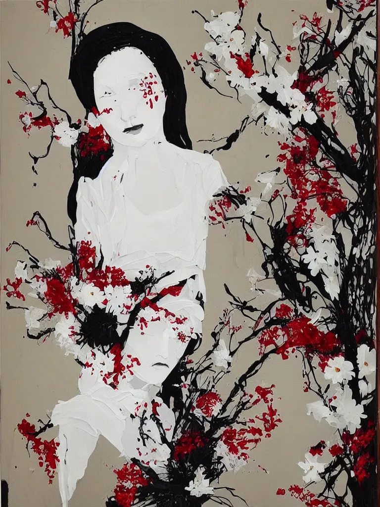 Image similar to “art in an Australian artist’s apartment, portrait of a woman wearing white cotton cloth, stained with fresh berries and maple syrup, white wax, edible flowers, Japanese pottery, ikebana, black walls, acrylic and spray paint and oilstick on canvas”