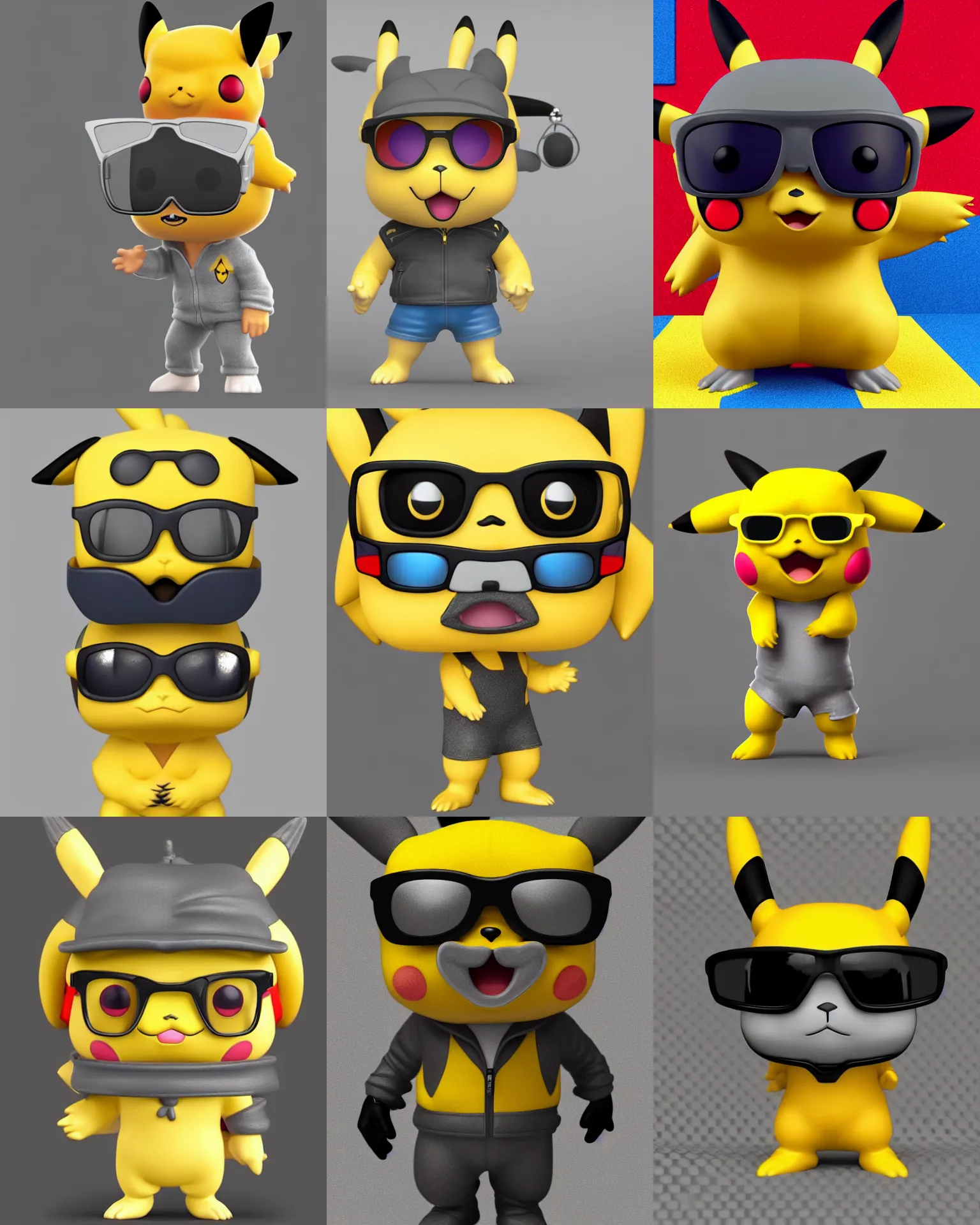 Prompt: full body 3d render of pikachu with sun glasses as a funko pop!, studio lighting, grey background, single person, no shadow, blender, trending on artstation, 8k, highly detailed