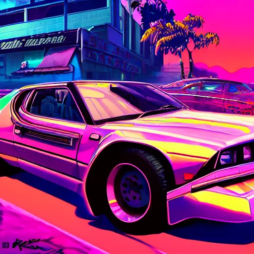 Prompt: vaporwave and retro 80's, car with holographic paint, pearlescent, elegant, digital painting, concept art, smooth, sharp focus, art style from Wang Ke and Greg Rutkowski and Bruce Kaiser and Scott Robertson and Dmitry Mazurkevich and Doruk Erdem and Jon Sibal, small style cue from Cyberpunk 2077