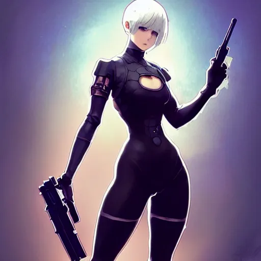 Prompt: a digital concept art by artgerm and greg rutkowski and alphonse mucha. clear portrait of 2 b nier automata in a skintight suit holding a gun!! hyper detailed, character concept, full body!! dynamic pose, glowing lights!! intricate, elegant, highly detailed, digital painting, artstation, concept art, smooth, sharp focus, illustration