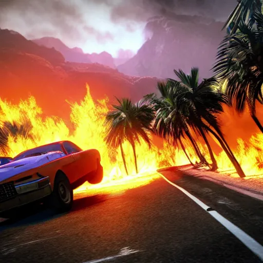 Prompt: far cry car leaking black tar chaotic intensive apocalyptic adrenaline anger oil black tar landscape wasteland miami desert on fire landscape natural disasters sunset palm trees landscape on fire unreal engine fallout style james gurney, henry moore style