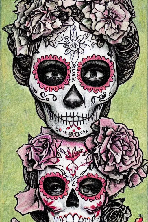 Image similar to Illustration of a sugar skull day of the dead girl, art by hans baluschek