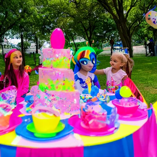 Prompt: children riding (my little pony) at a birthday party in the city park. balloons, cake, presents, craziness, havoc, style of pixar, 8K, 4K