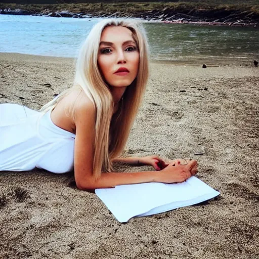 Prompt: long blonde haired woman sitting at the beach, wearing white clothes, professional, photograph, highly detailed, trending on instagram 8k