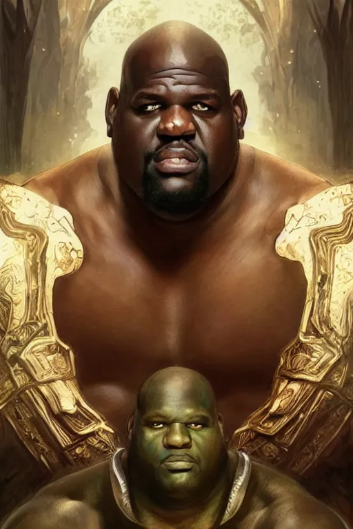 Image similar to portrait of shaquille o'neal as a hulking herculean demon, forest, godlike, full body, fantasy, intricate, elegant, highly detailed, digital painting, artstation, concept art, sharp focus, illustration, art by artgerm and greg rutkowski and alphonse mucha