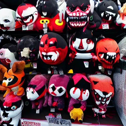 Image similar to scary demon plushies being sold at an amusement park, devilish, haunting, nightmare