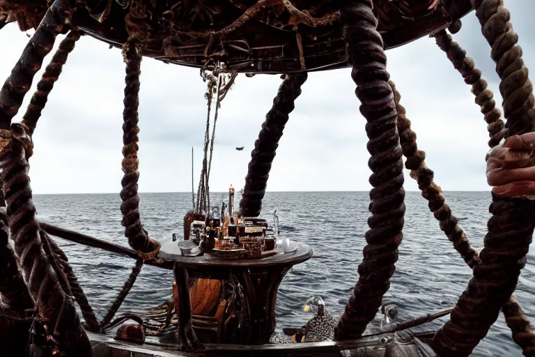 Image similar to product shot kraken rum on an old pirate ship, giant tentacle by emmanuel lubezki