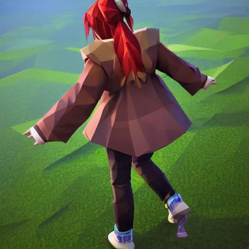 Prompt: ultra low poly modelling, top walking isometric view, 1 6 bit colors, from touhou, a chibi girl, brown jacket with long sleeves, pigtails hair, volumetric lighting, fantasy, 4 k, intricate, hyper realistic, by blizzard, warcraft 3, backlit
