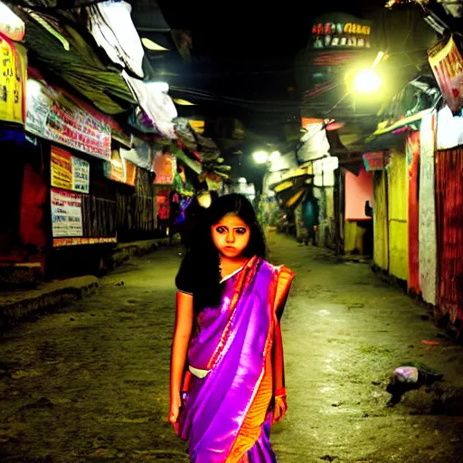 Prompt: A cute Assamese teen girl wearing mekhela silk saree in Guwahati city at night by ilya kuvshinov