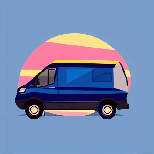 Image similar to very very very stylized minimal vector graphic of a ford transit motorhome, hills and sunset, white background, all enclosed in a circle, professional minimal graphic design cartoon
