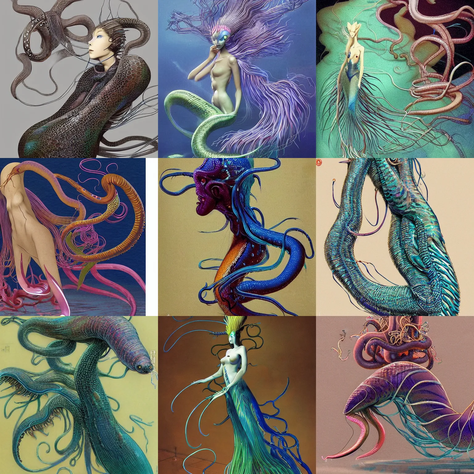 Prompt: concept designs for an electric eel mermaid with a squid like parasite for its head and long squid tentacles for arms that flow gracefully at its sides and resemble peacock feathers, art by yuji ikehata and satoshi kon and miyazaki, realism, proper human male proportions, fully clothed