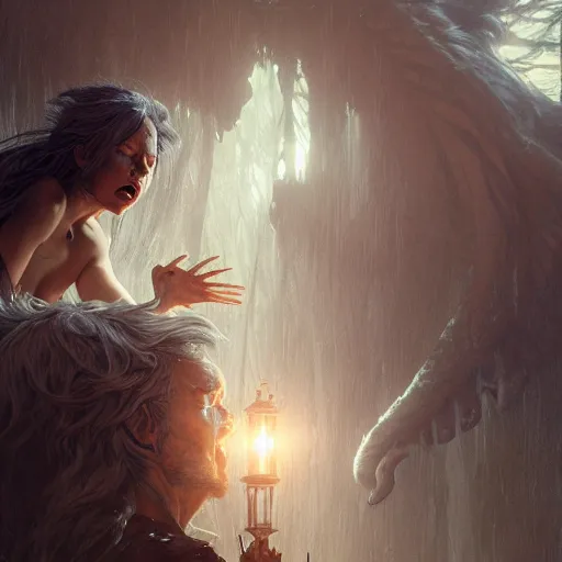 Image similar to a roaring and crying ghost, tall, silver skin, illustration, cinematic lighting, 8 k, d & d, frostbite 3 engine, cryengine, dof, artstation, intricate, digital art, crepuscular ray, art by tsuyoshi nagano, greg rutkowski, artgerm, alphonse mucha