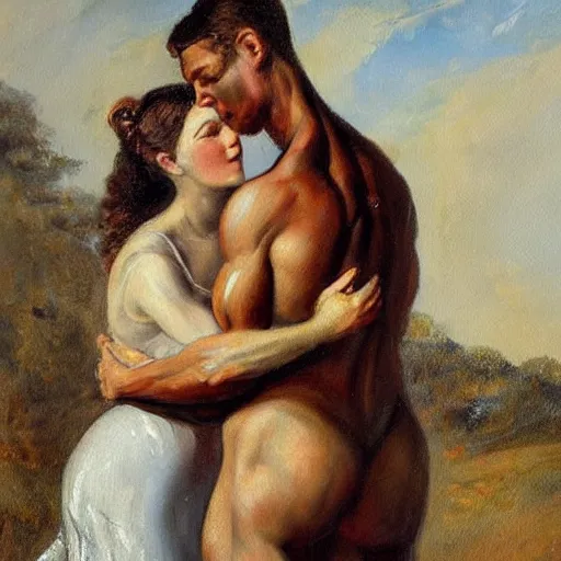 Image similar to an muscular man hugging a woman, fine painting, victorian