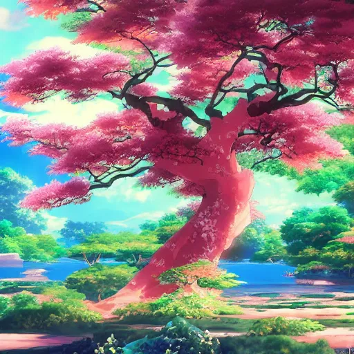 Prompt: vibrant landscape in style of genshin impact, beautiful waters and trees, vibrant fantasy anime, genshin impact world and landscape, anime