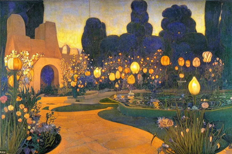 Image similar to beautiful garden at twilight by Annie Swynnerton and Nicholas Roerich and jean delville, glowing paper lanterns, strong dramatic cinematic lighting , ornate tiled architecture, lost civilizations, smooth, sharp focus, extremely detailed