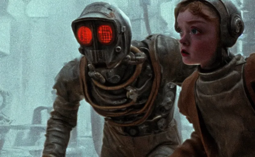 Image similar to a machine monster chases sadie sink dressed as a miner : a still from a scifi soviet cyberpunk film from 1 9 8 0 s. by steven spielberg and james cameron. 6 5 mm low grain film stock. sharp focus, realistic facial expression, perfect anatomy, cinematic atmosphere, detailed and intricate environment, trending on artstation