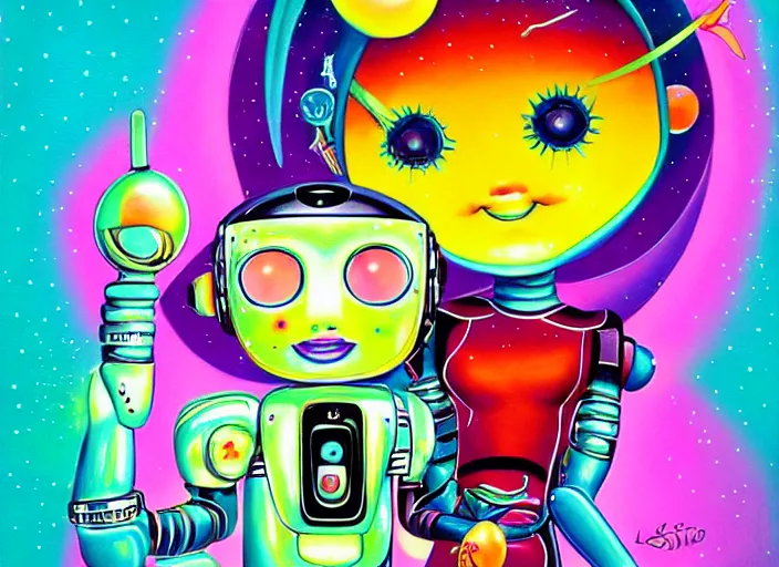 Image similar to a cute robot girl holds the world in her hand, an ultrafine detailed painting by lisa frank, trending on deviantart, pop surrealism, whimsical, lowbrow, colorful