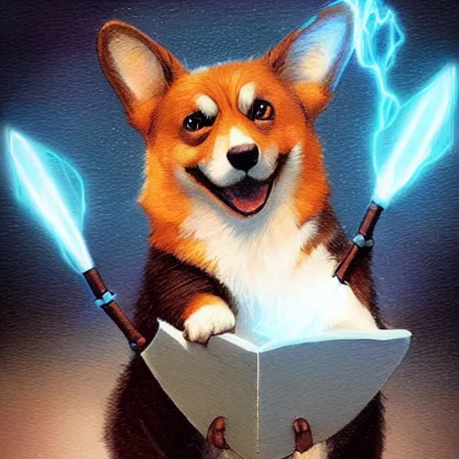 Prompt: corgi casting a magic spell, blue glowing spell effects, d & d character art, hyperrealistic, extremely detailed digital illustration, greg rutkowski, artgerm, trending on artstation, award - winning, 8 k