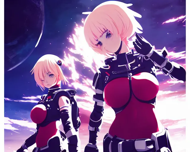 Image similar to anime visual, portrait of 2 buxom female battle sisters, wearing impractical female armour, space station hanger interior, cinematic luts, dynamic pose, dynamic perspective, strong silhouette, anime cels, ilya kuvshinov, crisp and sharp, rounded eyes, moody, cool colors, art style by kevin siembieda, palladium books