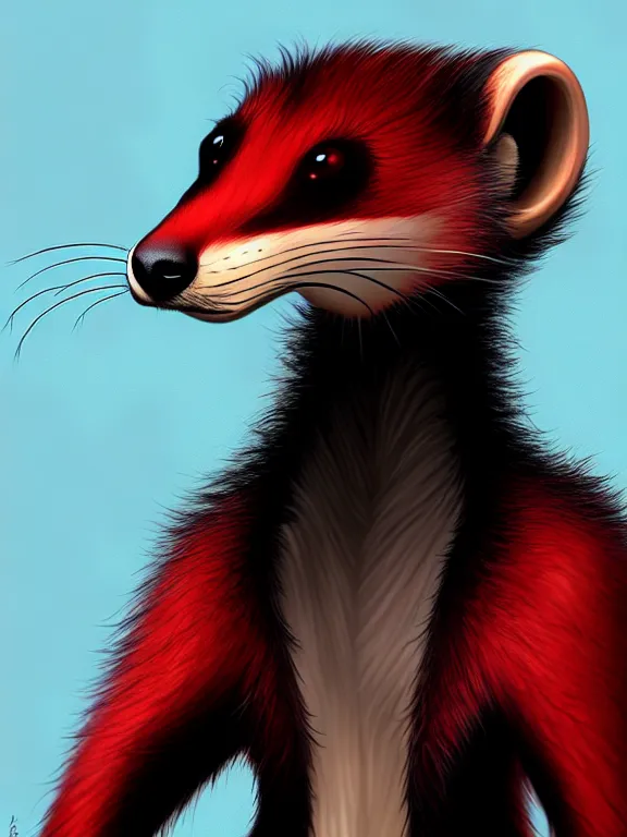 Image similar to furry - male - red - black - weasel - chaos theorist - fursona, photorealistic, trending on weasyl