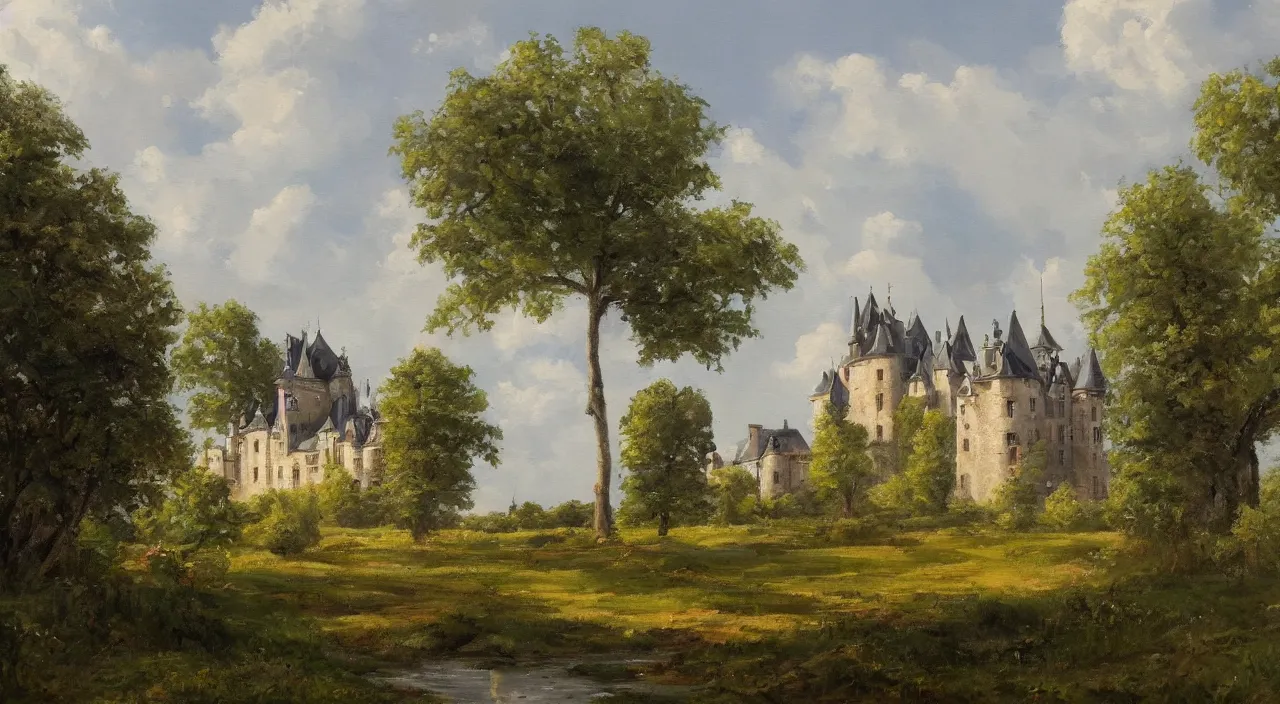 Image similar to a landscape painting of a French castle, with a garden, trending on artstation