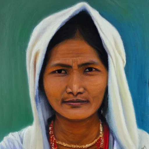Image similar to a nepali woman wearing a white shawl, oil painting