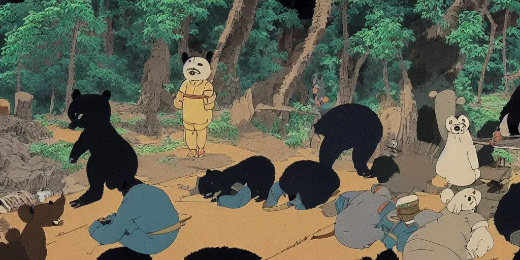 Prompt: scene from Pom Poko, 1994, movie still, cinematic, anthropomorphic, half man half asian black bear, black bear samurai, Moon Bear Samurai, epic, samurai, in the style of Studio Ghibli, Hayao Miyazak, Isao Takahata