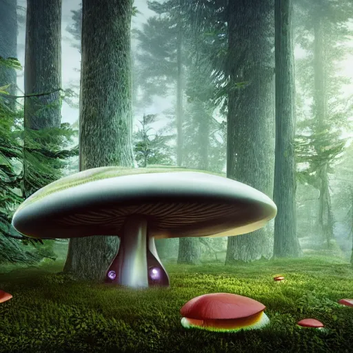 Image similar to a futuristic mushroom buildings in the middle of the forest, with futuristic flying cars hovering in the background, photography, cinematic, unreal engine, 4 k