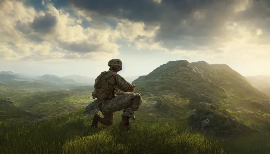 Image similar to side view of a soldier on knees on the edge of a green mountains watching the horizon, sunny day, volumetric light, hyperdetailed, artstation, cgsociety, 8 k