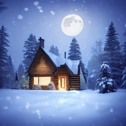 Prompt: Cabin in the woods, photorealistic, nighttime, bright moon, snow, snowy trees, snow storm, Lights from inside the house, raytracing, godrays, smokey chimney, cozy, forest, trees, extremely-detailed digital art, Trending on art station, 8k
