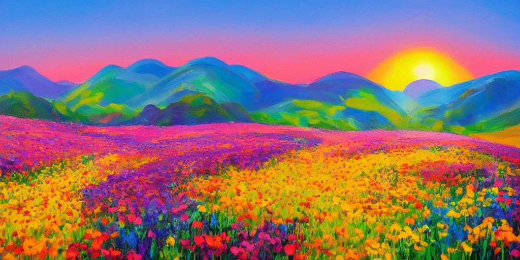 Prompt: beautiful field of flowers, mountain sunrise, painted by Peter Max, trending on artstation