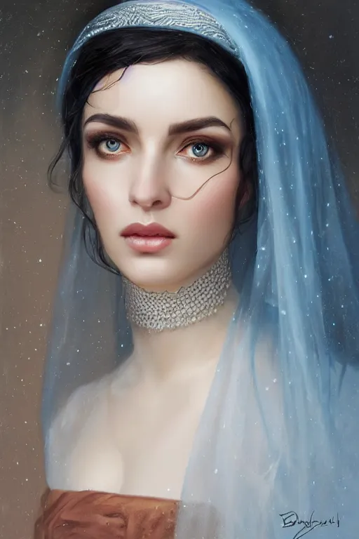 Prompt: ameera al taweel woman , bright blue eyes, wavy black hair, white veil, closeup, cinnamon skin color, elegant, highly detailed, centered, oil painting, artstation, concept art by tom bagshaw